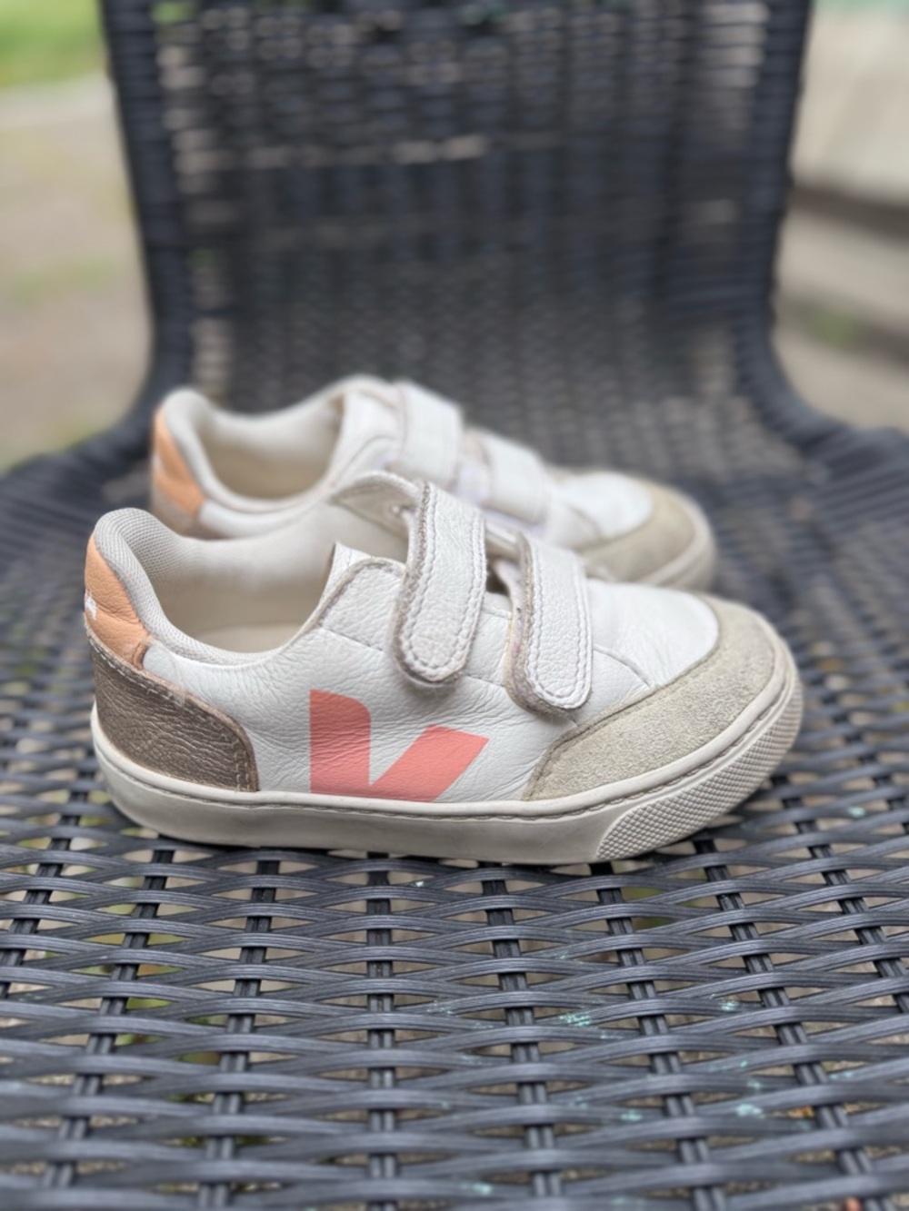 Kids VEJA White Leather Sneakers with Peach Pink Accent - Velcro Closure